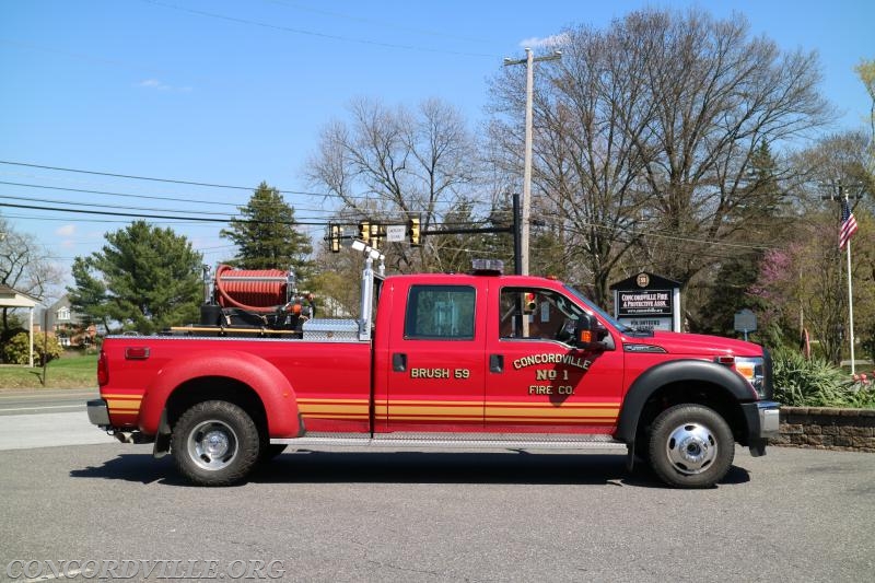 Brush 59 is a 2010 Ford F-450 with seating for 4 Firefighters. The Unit carries 225 Gallons of water, pumped by a 60 GPM pump. The apparatus also carries forestry and hand tools.