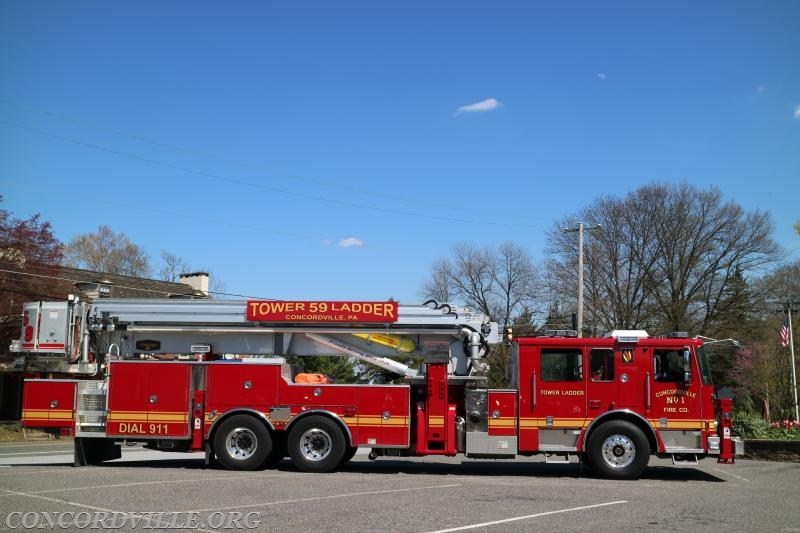 Tower 59 is a 2015 Seagrave Aerialscope
95' Tower Ladder with seating for 6 firefighters and 6 complete Scott Air Packs with 45 minute cylinders. The Tower Ladder has a 1250 GPM gun on the end of the bucket, as well as 222 Feet of Ground Ladders. Along with equipment for truck company operations, the unit carries a Stokes Basket and rope rescue equipment.