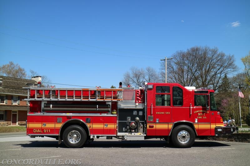 Engine 59-3 is a 2000 Pierce Quantum with seating for 6 firefighters and 6 complete Scott Air Packs with 45 minute cylinders. The Engine was refurbished in 2014 by Marco, which included new LED lighting, new paint and graphics, and more. Engine 59-3 carries 1,000 Gallons of water which is pumped by a 2,000 GPM pump. The unit carries over 2,500 feet of fire hose, including 550 feet of 1.75 inch attack line, 200 feet of 2.5 inch attack line, 200 feet of 2 inch High Rise Pack, 400 feet of 3 inch supply line, and 1500 feet of 5 inch supply line. The Engine also carries a portable foam pack, equipment for engine company operations, Hurst eDraulic Rescue Tools, CO Meters, and a Medical Bag with an AED.