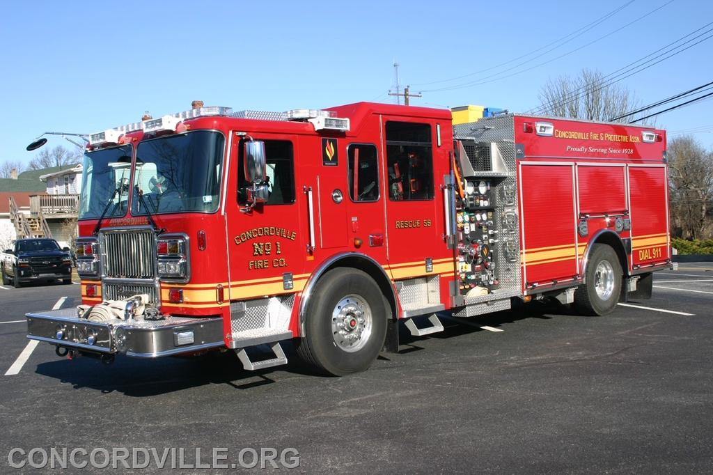 Rescue 59 is a 2020 Seagrave Marauder Rescue Pumper with seating for 6 Firefighters. The Rescue carries 30 gallons of foam and 750 Gallons of Water which is pumped by a 2,000 GPM pump. The unit also carries Hurst e-Draulic Rescue Tools, Paratech stabilization equipment, cribbing, and Milwaukee power tools. 
