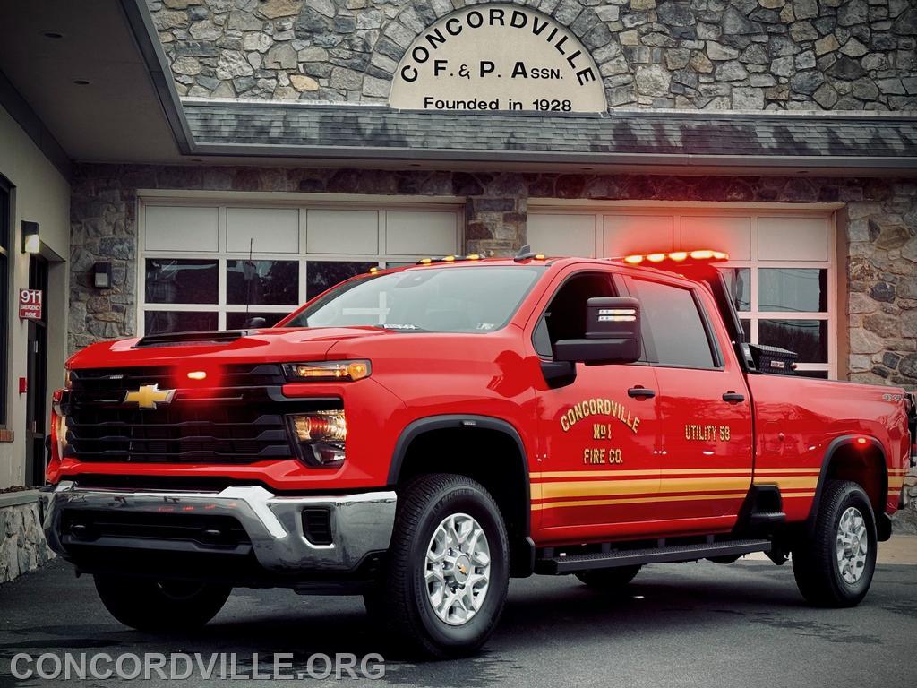 Utility 59 is a 2024 Chevrolet Silverado 3500 with seating for up to five firefighters. The unit features a lift gate, toolbox, and numerous LED emergency and scene lights. 
